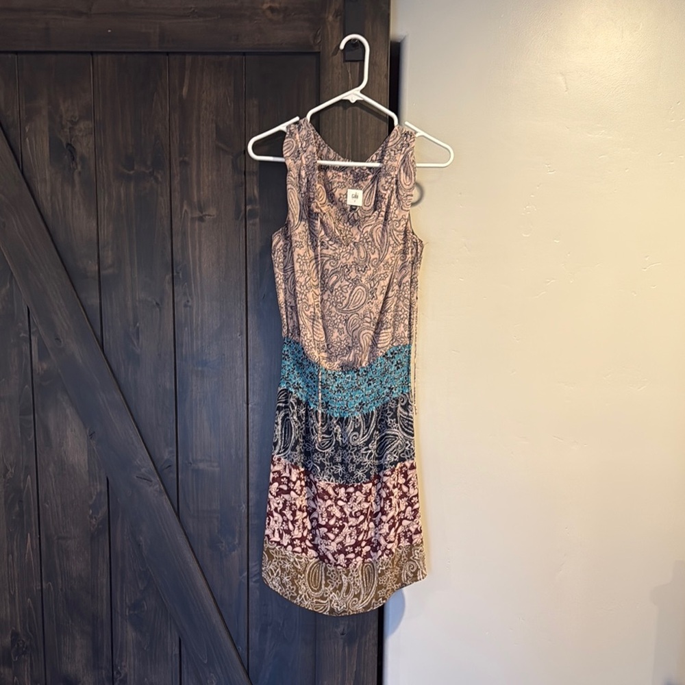 Sleeveless Mixed-Print Tiered Dress in Taupe, Teal, Black and Burgundy